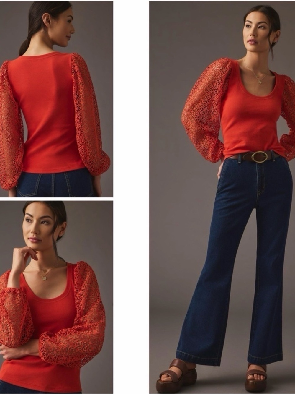 🤎 Maeve Anthropologie Ribbed Knit Floral Guipure Lace Balloon Sleeve Top 🤎